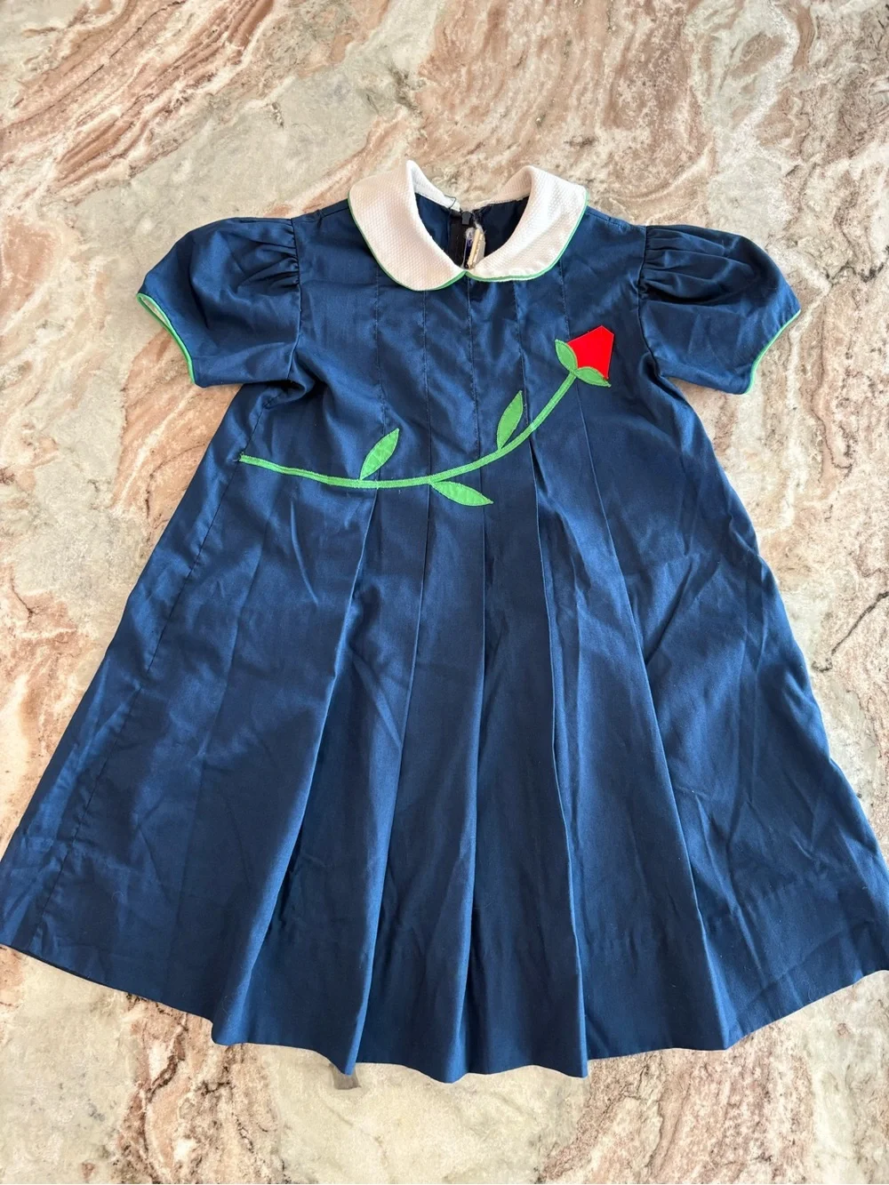 Jayne Copeland Vintage Girls Pleated Short Sleeve Dress 6X Rose Appilque Preppy